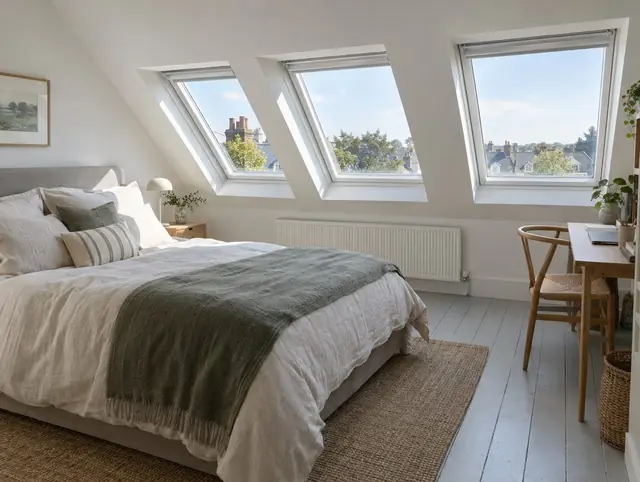 Loft bedroom with three pitched roof windows letting in daylight