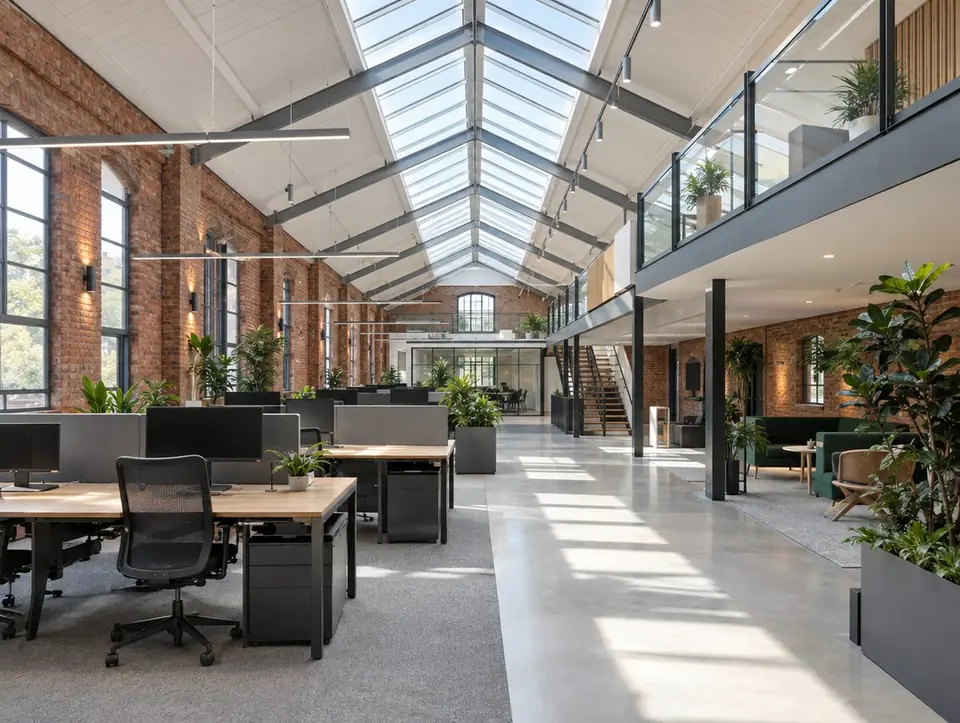 Open-plan office lit by a long ridge rooflight
