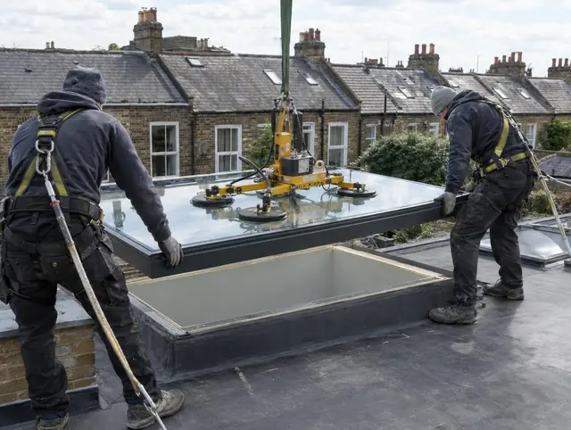 Two installers lowering a glass rooflight onto an upstand with a vacuum lifter