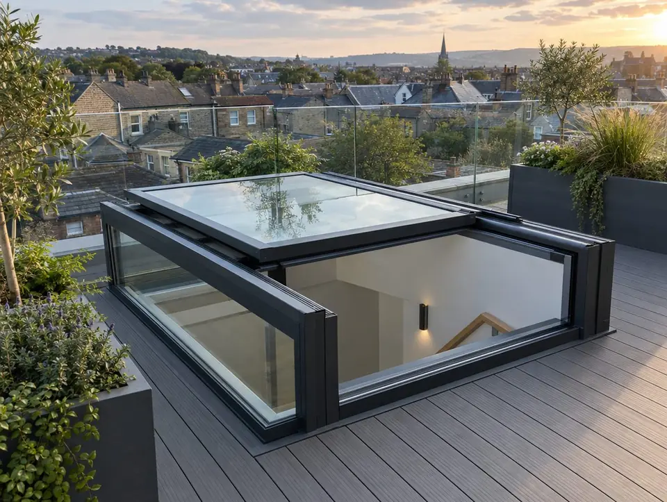 Box sliding rooflight with its glass lid slid back on a roof terrace