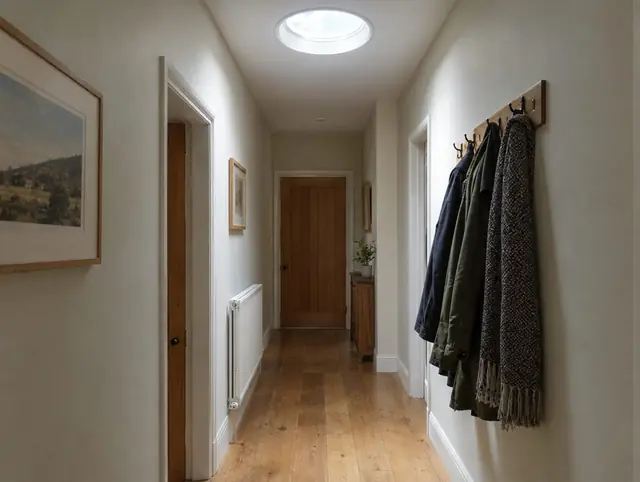 Hallway lit by a round sun tunnel diffuser in the ceiling