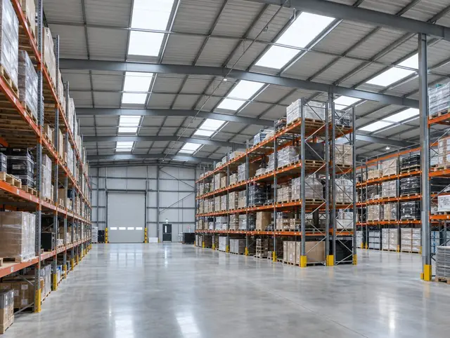 Warehouse interior lit by in-plane rooflights in a profiled metal roof